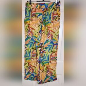 C&C California Colorful Leaf Print 100% Linen Wide Leg Pants Size L
